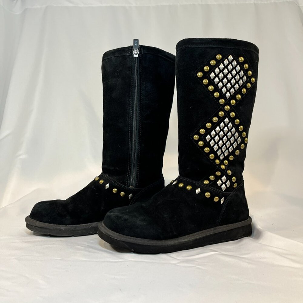 UGG Black Suede Mid-Calf Studded Boots with Gold & Silver Accents